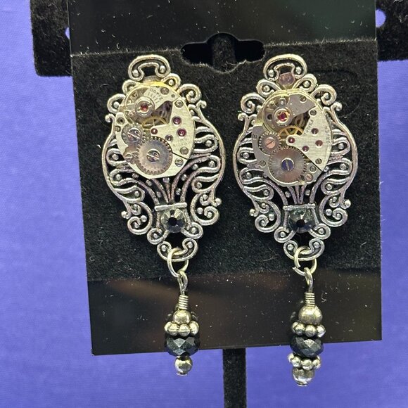 Steampunk Dangle Post Earrings Watch Gear 17 Jewels. - Picture 3 of 14